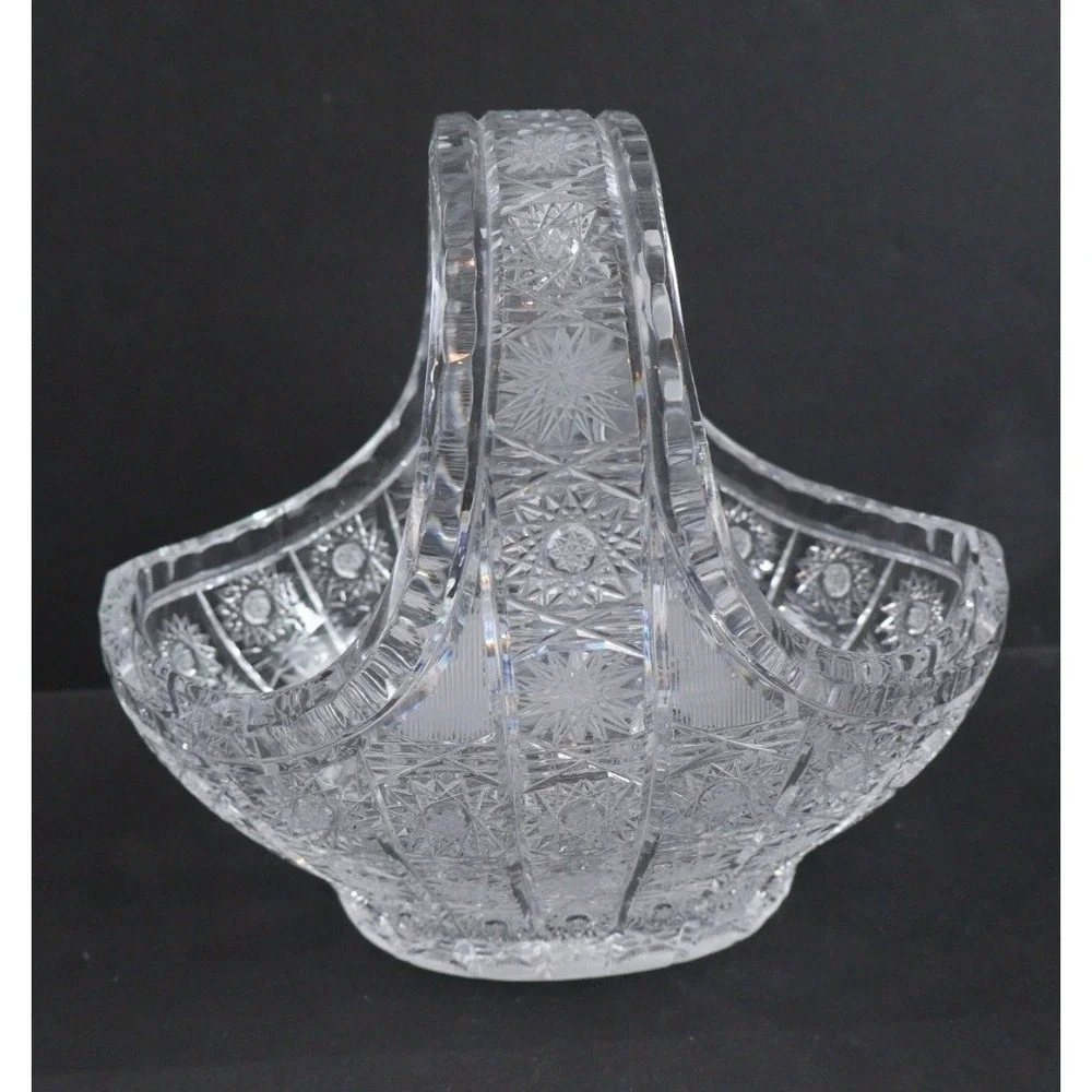 VTG Crystal Oval Basket Clear Glass Dish Bowl Handle Queens Lace Design